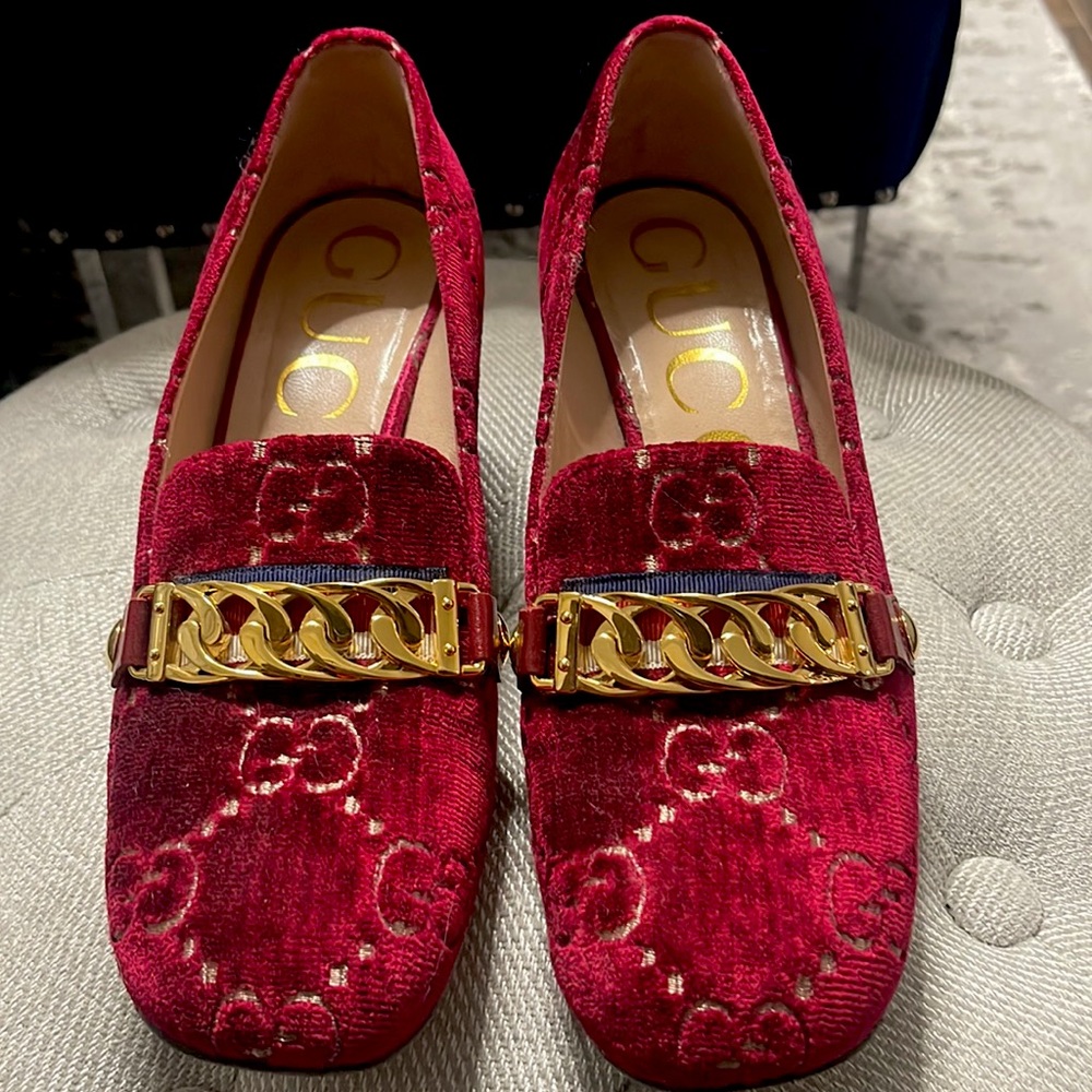 Gucci Red GG Velvet Sylvie Pumps